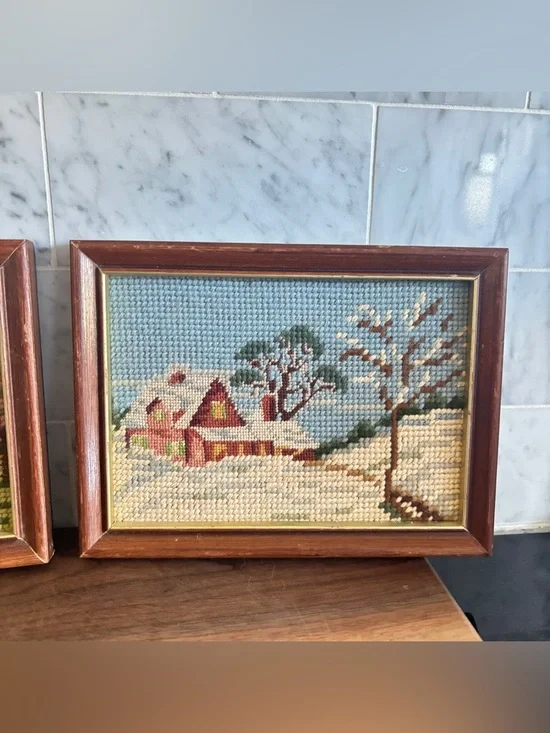 Vintage Pair of Small Framed Needlepoint Art of Spring and Winter Landscapes - Picture 3 of 10